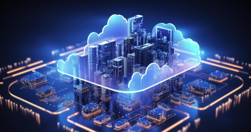 A city built on top of a microchip, with a cloud around it