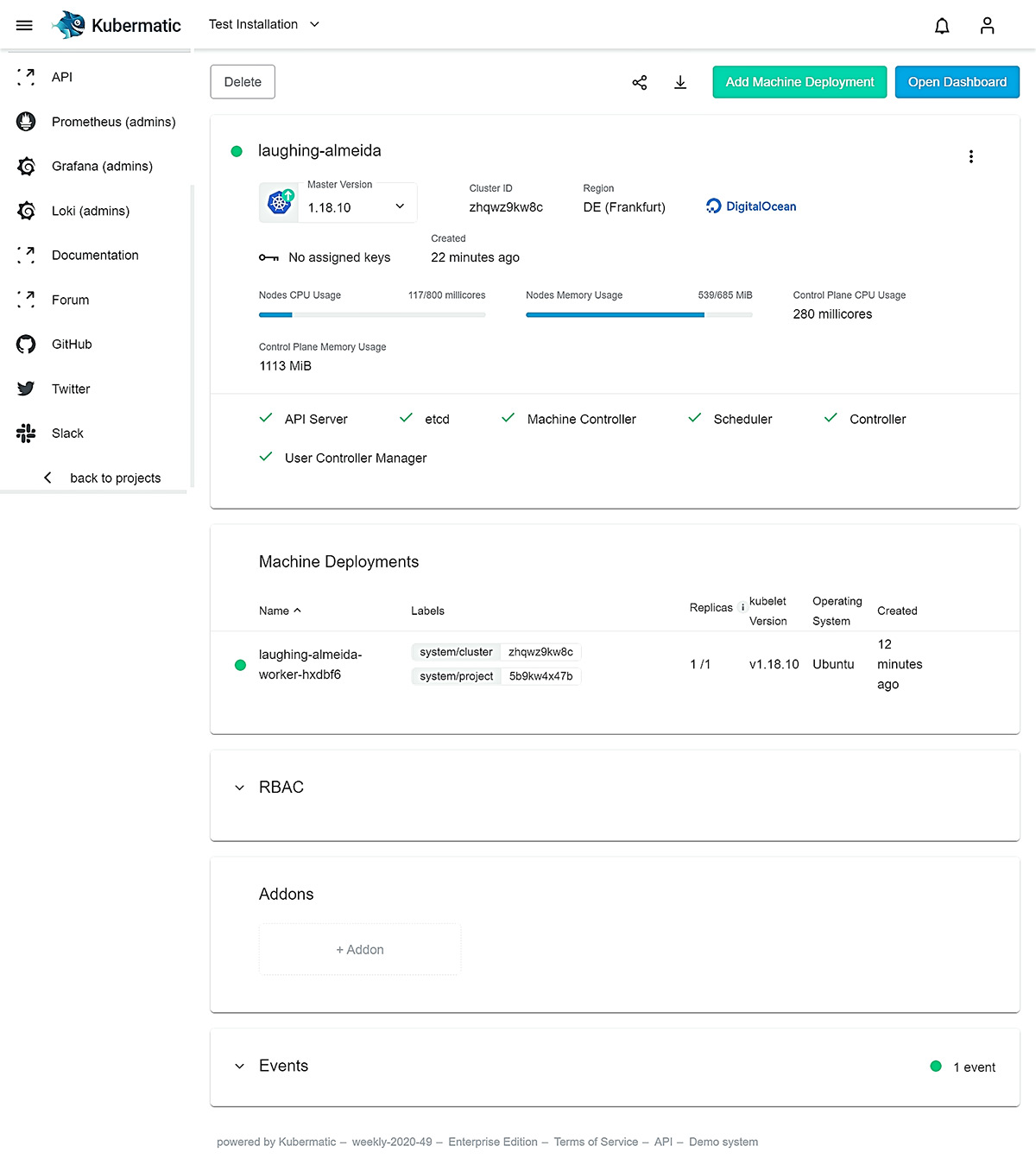 Kubermatic Kubernetes Platform_Basic Cluster Information in the Dashboard