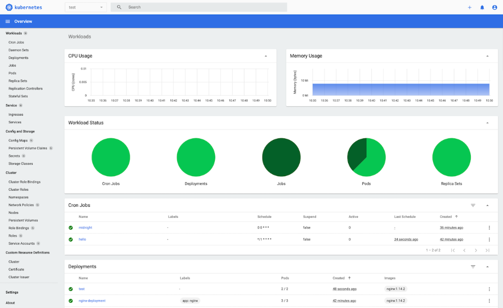 Workloads overview on the Kubernetes Dashboard