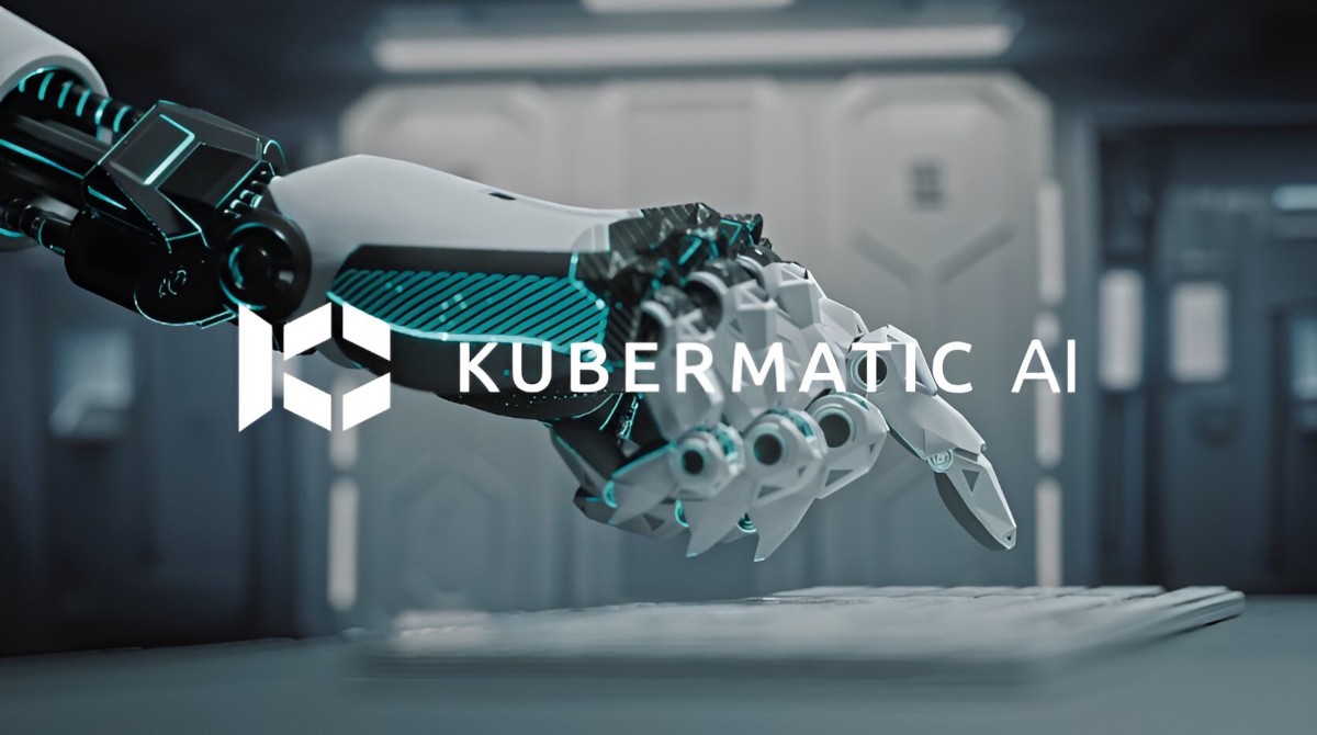 Robotic hand reaching toward a keyboard with the Kubermatic AI logo overlaid