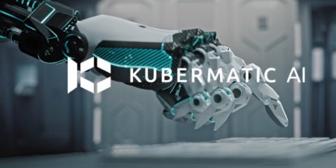 Robotic hand reaching toward a keyboard with the Kubermatic AI logo overlaid