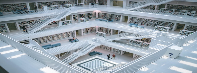 Library inside with books shelves