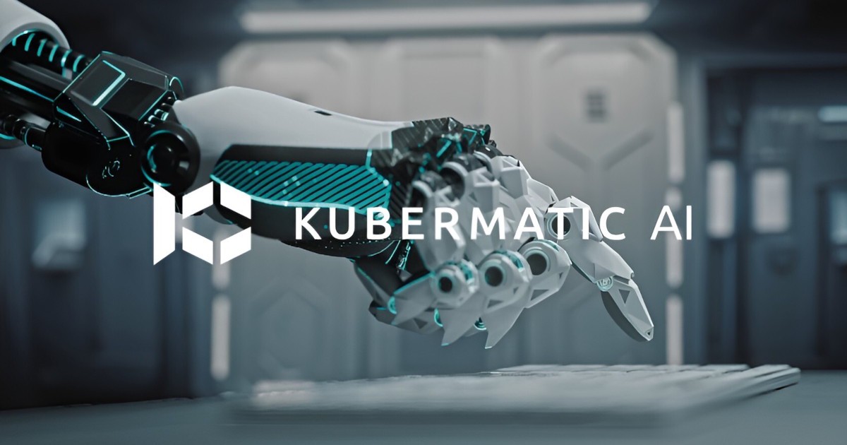 Robotic hand reaching toward a keyboard with the Kubermatic AI logo overlaid
