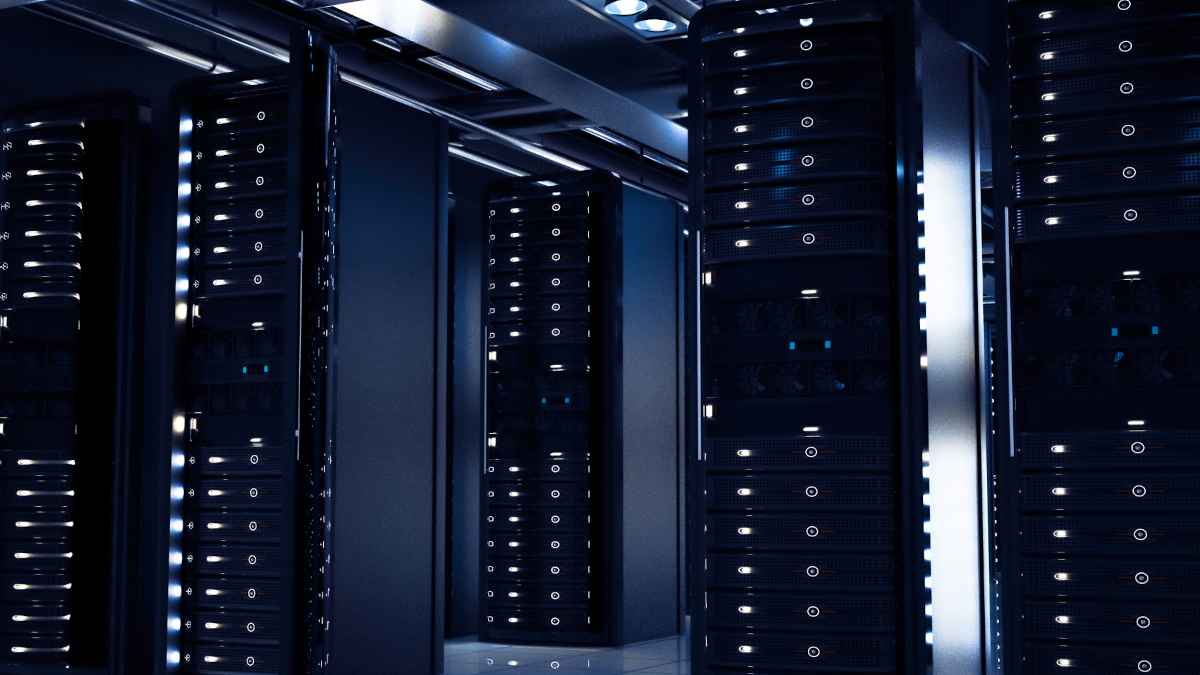 Racks of server hardware with glowing blue lights