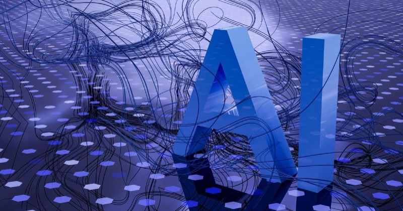 3D render of the letters AI in blue, standing on a hexagon-patterned floor tangled with dark wires
